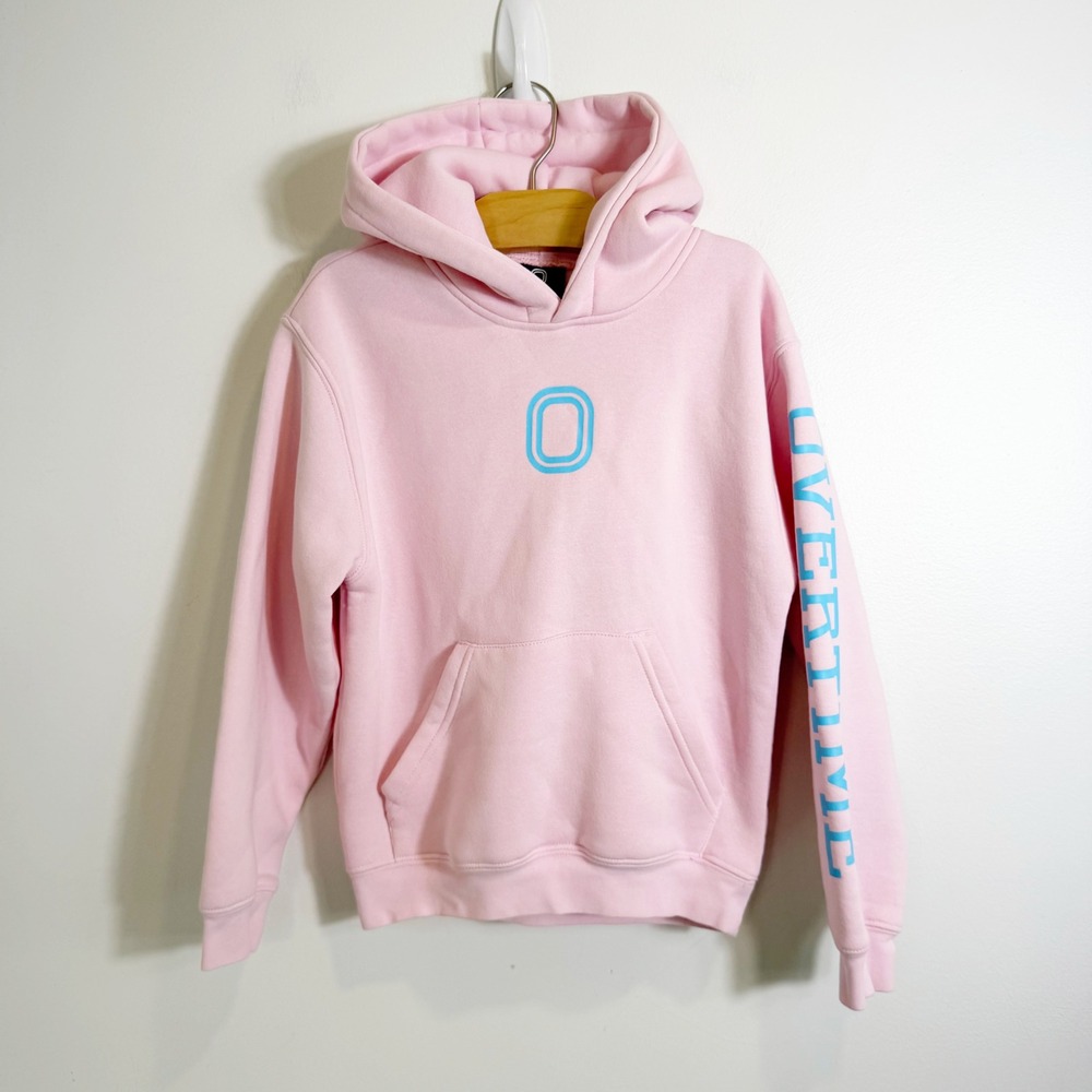 Overtime Logo Hoodie Boys Small Pink Blue Graphic Sleeve Pullover Sweatshirt